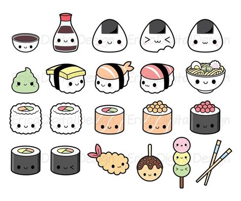 Sushi Kawaii Clipart Bundle Cute Sushi Clip Art Onigiri Nigiri Maki ...