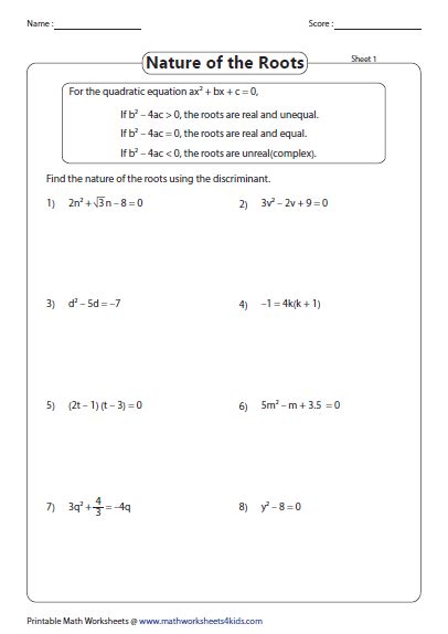 Quadratic Formula And Discriminant Worksheet Pdf Answer Key ...