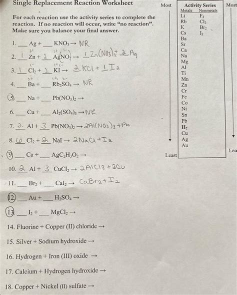 Solved Single Replacement Reaction Worksheet For each | Chegg.com