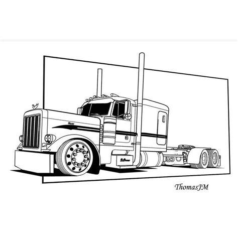 a black and white drawing of a semi truck