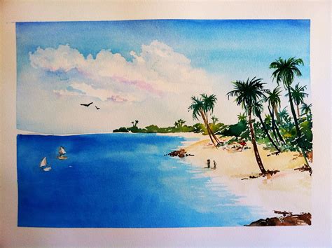 Tropical scene, Beach painting original watercolor Watercolor Art ...