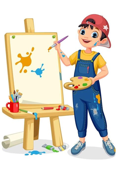 a young boy painting on an easel with paintbrushes and watercolors