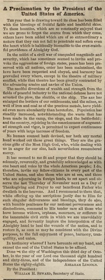 Thanksgiving Proclamation, 1863 | Gilder Lehrman Institute of American ...