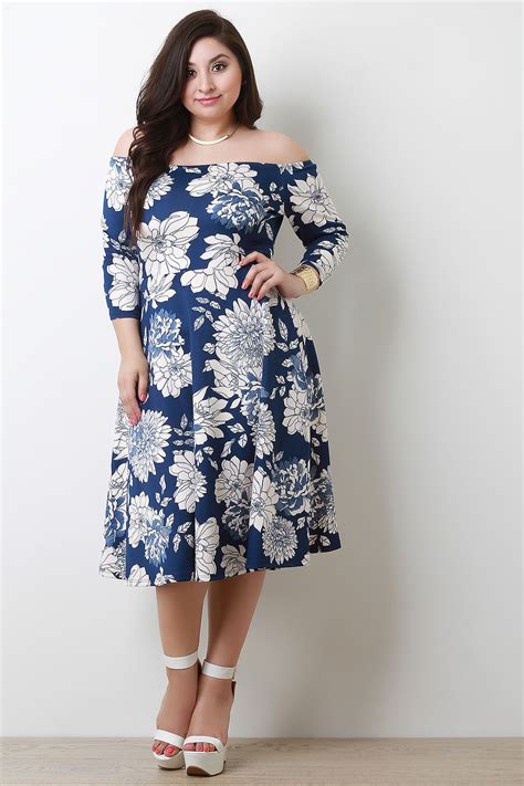 Floral Bardot A-Line Midi Dress | UrbanOG | Plus dresses, Curvy girl ...