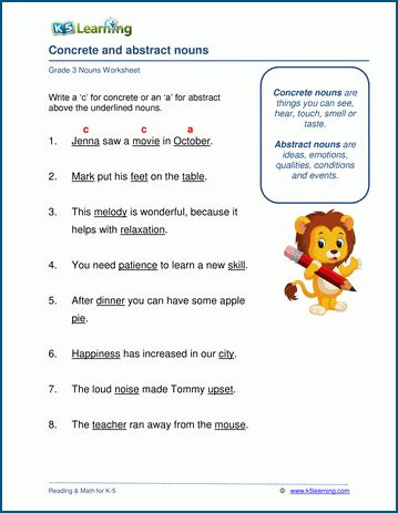 Concrete and abstract nouns worksheets | K5 Learning