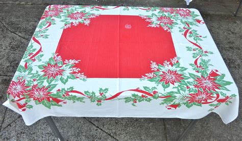 Vintage Christmas Tablecloth Printed with Green and Red