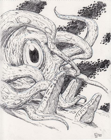 pencil drawing of an octopus with its mouth open and eyes wide open in ...