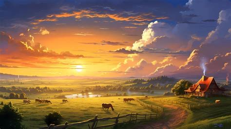 Premium AI Image | Old rural farm house landscape in sunset fields and ...