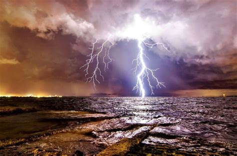 Lightning Bolt Striking Over the Ocean