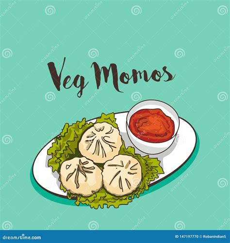 Steamed Momo Dumplings With Red Chile Sauce In A Wooden Basket. Vector ...