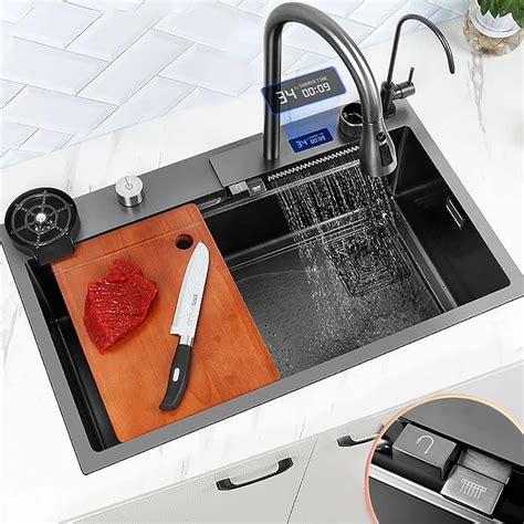 WYZCHDM Waterfall Kitchen Sink 304 Stainless Steel Nano Single Sink ...