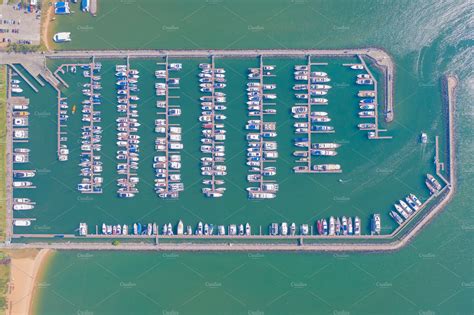 Aerial view of sail boats in marina port in harbor, ocean or bay ...