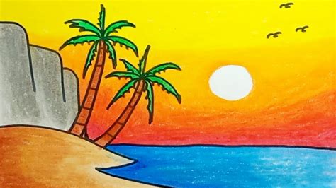 How To Draw Beach And Sunset Scenery Easy Step By Step |Drawing Nature ...