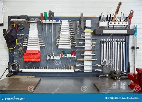 Tools set at car workshop stock photo. Image of workbench - 79525396