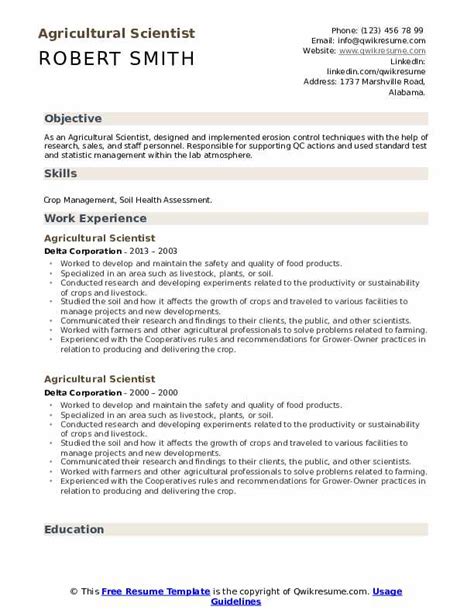 Agricultural Scientist Resume Samples | QwikResume