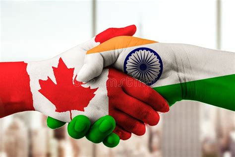 Canada and Indian Flag with Hands Together Stock Photo - Image of ...