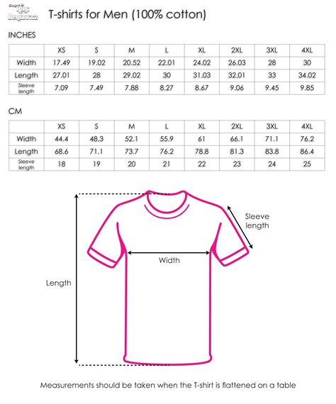 T Shirt Design Size Chart