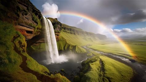 Premium AI Image | A rainbow over a waterfall with a rainbow in the sky