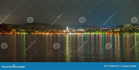 Panorama of a City at Lake Constance during Nighttime Stock Image ...