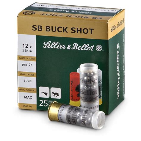 Sellier & Bellot Buckshot, 2 3/4" 12 Gauge, #4 Buckshot, 27 Pellets ...