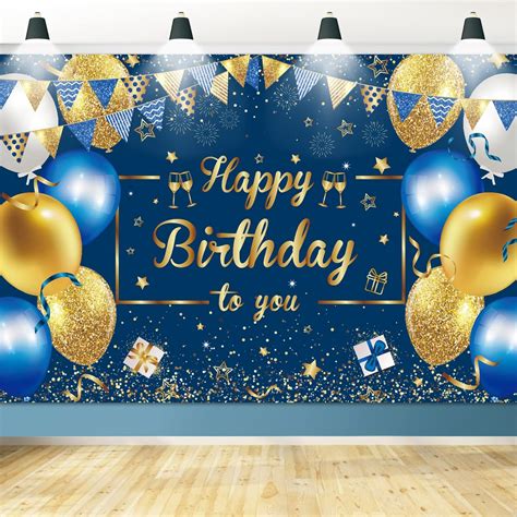 Navy Blue and Gold Happy Birthday Backdrop, Birthday Party Decorations ...