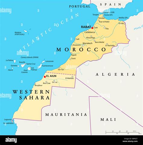 Marruecos y Sáhara Occidental Mapa Político Fotografía de stock - Alamy