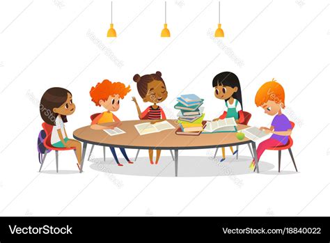 Multiracial children sitting around round table Vector Image