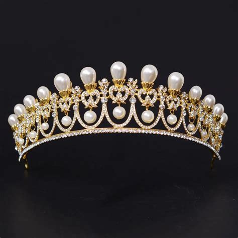 gold simulated dangle pearl tiara elegant wedding tiara for bride queen ...