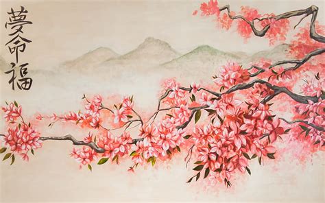 Sakura, art, primavera, rama, flor de cerezo, pintura, asiático, chino ...