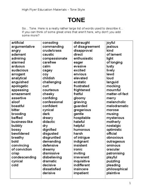 Words For Describing Tone For Writing Commentary | PDF