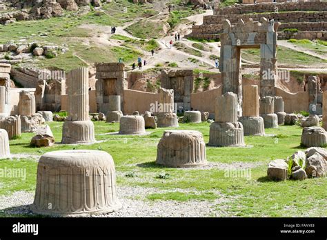 Ruins, bases of columns, Hundred Column Hall, ancient Persian city of ...