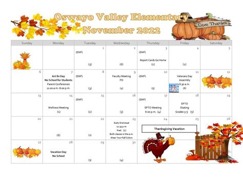 Elementary Calendar – Oswayo Valley School District