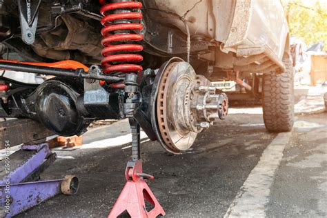 The front wheel of the car was removed to repair the brake system ...