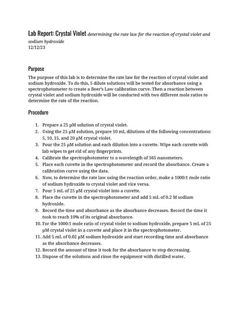 Crystal Violet Lab Report - Lab Report: Crystal Violet determining the ...