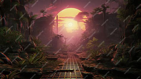 Premium AI Image | A digital painting of a jungle with a sunset in the ...