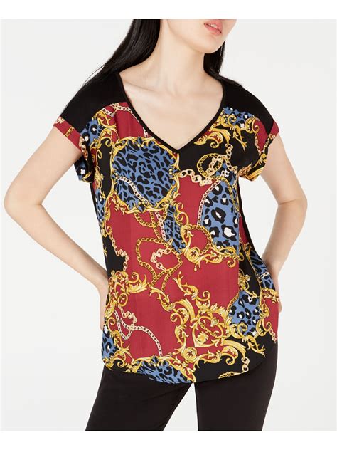 BCX - BCX Womens Black Multi Color Printed Cap Sleeve V Neck Blouse ...