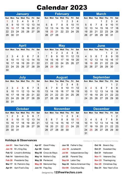 Free 2023 Holiday Calendar | Printable One Page Yearly Calendar