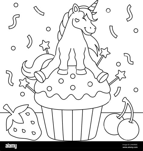 Unicorn Sitting On A Cupcake Coloring Page Stock Vector Image & Art - Alamy