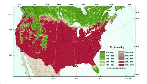 Probability map for predicted gypsy moth establishment (as defined in ...