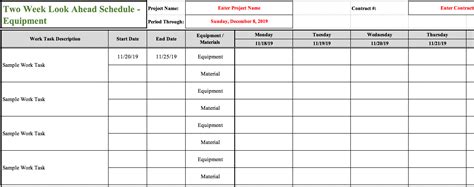 EXCEL TEMPLATES: Look Ahead Schedule Template