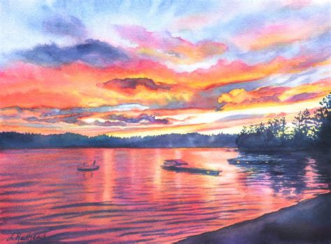 Leslie Lambert Redhead Fine Art: Watercolor of Sunset Over Loon Lake ...