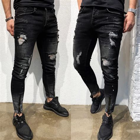 Mens Skinny Jeans Fashion Stretch Denim Pants Distressed Ripped Freyed ...