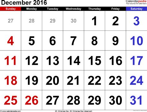 December 2016 - calendar templates for Word, Excel and PDF