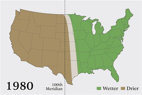 The 100th Meridian has shifted 140 miles east since 1980 - Vivid Maps