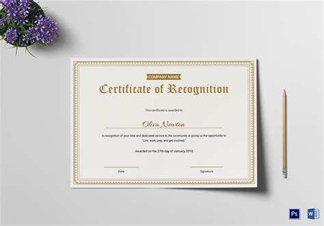 Employee Recognition Certificate Design Template in PSD, Word