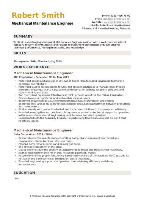 Mechanical Maintenance Engineer Resume Samples | QwikResume