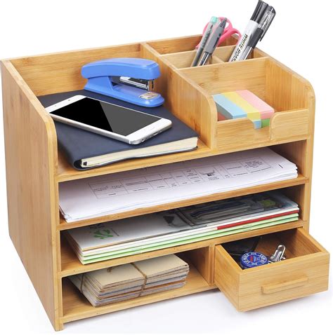 Amazon.com : Bamboo Office Desk File Organizer with Drawer, 4-Tiers ...