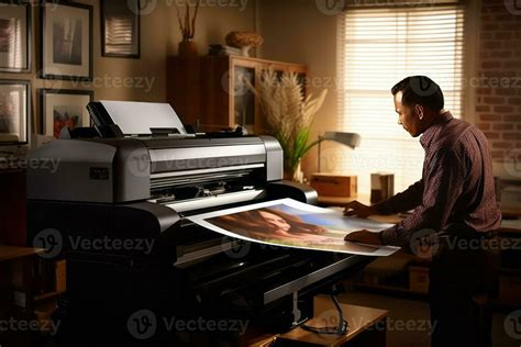 Professional photographer using an ink photo printer in a well-lit ...