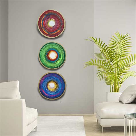 red green blue Abstract Set of 3 round paintings modern art A421 ...