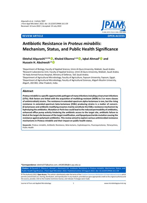 (PDF) Antibiotic Resistance in Proteus mirabilis: Mechanism, Status ...